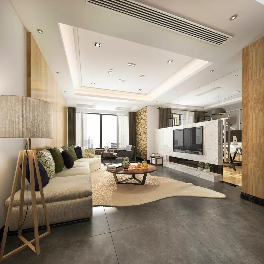 3d rendering luxury and modern living room with good design leather sofa
